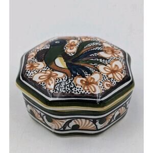 Hand Painted Portuguese Pottery Trinket Box Bird Design Palmão Portugal 2.75"